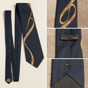 Fendi Vintage Silk Tie – Navy Logo Ribbon Print Made in Italy